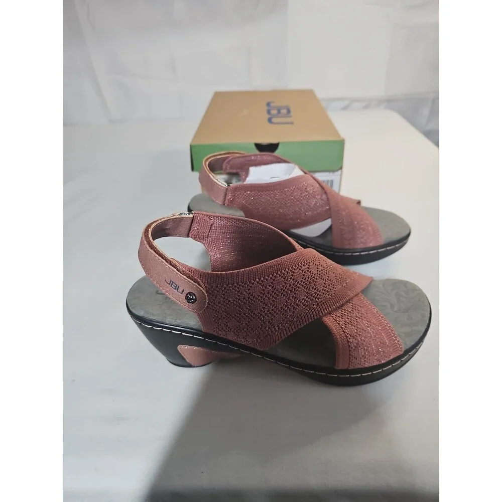 JBU by Jambu Women's Alyssa Shimmer Knit Wedge Heel Sandals Rose Size 8M